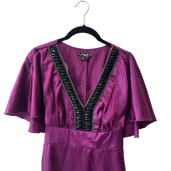 Sequin Hearts Short Sleeve Cape Detail Front Jeweled A Line Dress Purple Size M - Picture 2 of 9